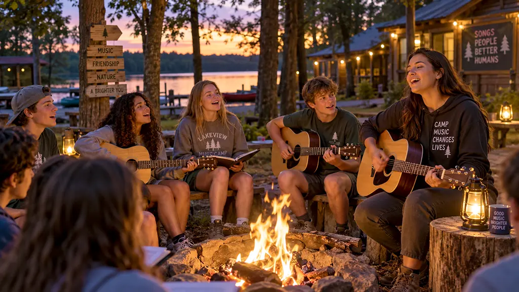 Music Camp campers spending time together making music around a campfire