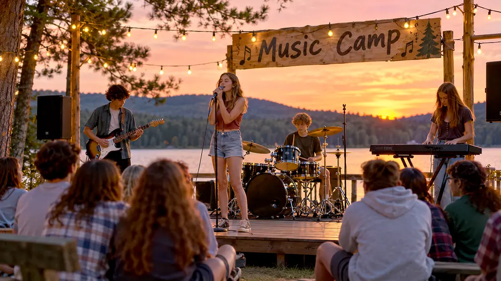 Young musicians performing together during an outdoor summer Music Camp experience